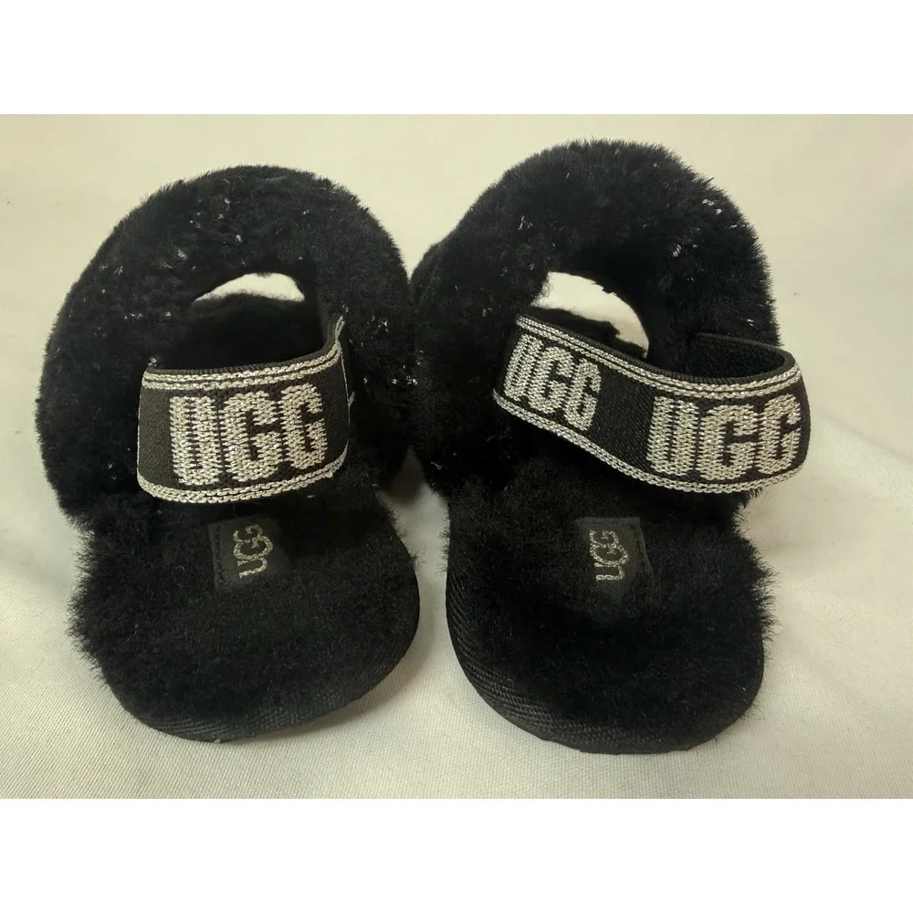 Ugg Fluff Yeah Black Sparkle L Slip On Slide Platform Sandal Girls Size 10